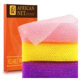 UJFQBH 3 Pieces African Bath Sponge African Net Long Net Bath Sponge Exfoliating Shower Body Scrubber Back Scrubber Skin Smoother,Great for Daily Use (Pink,Yellow,Purple)