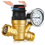 Kohree RV Water Pressure Regulator for RV Camper, Adjustable Handle Brass Lead-Free Reducer Valve RV Water Pressure Regulator with Gauge and 2 Inlet Screened Filters for RV Camper Travel Trailer