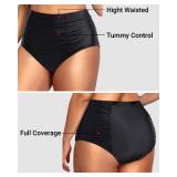 Daci Women Black High Waisted Bikini Bottom Tummy Control Swimsuit Shorts Ruched Bathing Suits Bottom M
