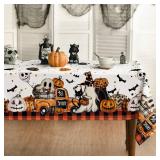Horaldaily Halloween Tablecloth 60×84 Inch Rectangular, Buffalo Plaid Jack-O-Lantern Pumpkin Bats Ghost Truck Washable Table Cover for Party Picnic Dinner Decor