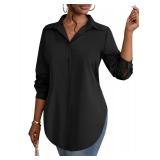 Rooscier Womenfts Collar V Neck Long Sleeve Slit Side Button Down Shirt Blouse Top Solid Black X- Large