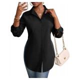 Rooscier Womenfts Collar V Neck Long Sleeve Slit Side Button Down Shirt Blouse Top Solid Black X- Large
