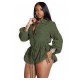 Tbahhir Women Summer Rompers Drawstring Long Sleeve Bubble Cargo Shorts Jumpsuit Casual One Piece Outfits Overalls L