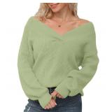 Feiersi Womenfts Off Shoulder Sweater Long Sleeve Loose Tops V-Neck Pullover Knit Jumper(Pea Green,XX-Large)