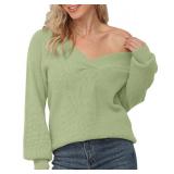 Feiersi Womenfts Off Shoulder Sweater Long Sleeve Loose Tops V-Neck Pullover Knit Jumper(Pea Green,XX-Large)