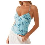 ABYOVRT Women Sequin Beaded Cami Top V Neck Backless Criss Cross Straps Crop Tops Summer Going Out Clubwear (S,Blue)