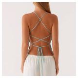 ABYOVRT Women Sequin Beaded Cami Top V Neck Backless Criss Cross Straps Crop Tops Summer Going Out Clubwear (S,Blue)