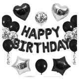 CANREVEL Happy Birthday Balloons Banner 16 Inch Mylar Foil Letters with Star and Heart Balloons Birthday Party Decorations for Men and Women - 30 Pcs Black