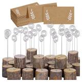30 Pcs Rustic Wood Place Card Holders with Swirl Wire Wooden Bark Memo Holder Stand Card Photo Picture Note Clip Holders 5.8\ and Kraft Place Cards Bulk for Wedding Party Table Number Name Signin