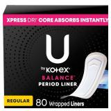 U by Kotex Balance Wrapped Panty Liners, Regular Length, 80 Count (Packaging May Vary)