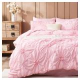 Jameswish Pink Comforter Set Full Size Bed in A Bag 7 Piece Pinch Pleat Bedding Set, Pintuck Ruched Flowers Bed Set with Comforter, Sheets, Pillowcases and Shams