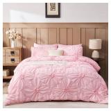 Jameswish Pink Comforter Set Full Size Bed in A Bag 7 Piece Pinch Pleat Bedding Set, Pintuck Ruched Flowers Bed Set with Comforter, Sheets, Pillowcases and Shams