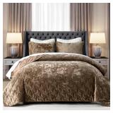 Homzard Luxury Velvet Quilt Set King Size Bedding, Mocha Brown Comforter Set, Ultra-Soft Striped Channel Stitch All Season Comforter, Thermal Bedspread Coverlet with 2 Pillow Shams