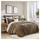 Homzard Luxury Velvet Quilt Set King Size Bedding, Mocha Brown Comforter Set, Ultra-Soft Striped Channel Stitch All Season Comforter, Thermal Bedspread Coverlet with 2 Pillow Shams