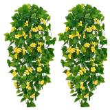 BLEUM CADE Artificial Hanging Flowers for Outdoors, 2pcs Fake Hanging Plants Pothos Vines with Yellow Flowers for Wall Home Living Room Indoor Outdoor Decor (No Baskets)