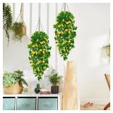 BLEUM CADE Artificial Hanging Flowers for Outdoors, 2pcs Fake Hanging Plants Pothos Vines with Yellow Flowers for Wall Home Living Room Indoor Outdoor Decor (No Baskets)