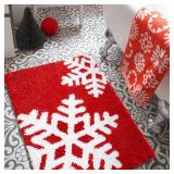 Estmy Red White Snowflake Christmas Bathroom Rugs 16W x 24L Non-Slip Rubber Backed Machine Washable, Soft Absorbent Shaggy Xmas Bath Mat Rug Winter Themed Christmas Festive Bathroom Floor Mat
