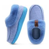 COFACE Womenfts Arch Support Memory Foam House Slippers Ladies Warm Fuzzy Faux Fur Collar Winter Moccasin Shoes with Orthotic Plantar Fasciitis Indoor Outdoor Hard Rubber Sole Blue Size 6