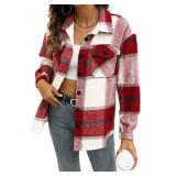 Blansdi Womens Flannel Shacket Plaid Button Down Long Sleeve Shirts Jacket Coats Fall Outfits Fashion Clothes 2025 Red