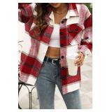 Blansdi Womens Flannel Shacket Plaid Button Down Long Sleeve Shirts Jacket Coats Fall Outfits Fashion Clothes 2025 Red