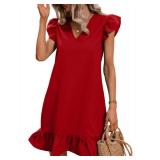 SOLY HUX Summer Dresses for Women V Neck Cap Sleeve Ruffle Hem Smock Short Dress Plain Red M