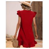 SOLY HUX Summer Dresses for Women V Neck Cap Sleeve Ruffle Hem Smock Short Dress Plain Red M