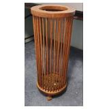 Mid-Century Footed Oak Slatted Umbrella or Cane Stand - has 3 feet.  Isn