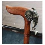 Vintage Handcrafted wooden walking stick / cane with Pewter Elephant Head on the handle - approx 35" long