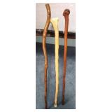 Handcrafted Vintage Wooden Walking Sticks / Canes - Set of 3 - the one on the right is made of Rosewood - range from 33 to 36" long