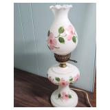 Hand-Painted Milk Glass Table Lamp with Pink Floral Design and Brass hardware  - tested, works. (matches the one in lot 303) - 19" H, 7" diameter