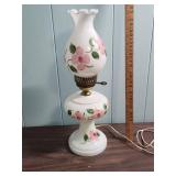 Hand-Painted Milk Glass Table Lamp with Pink Floral Design and Brass hardware  - tested, works. (matches the one in lot 303) - 19" H, 7" diameter
