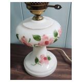 Hand-Painted Milk Glass Table Lamp with Pink Floral Design and Brass hardware  - tested, works. (matches the one in lot 303) - 19" H, 7" diameter