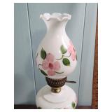 Hand-Painted Milk Glass Table Lamp with Pink Floral Design and Brass hardware  - tested, works. (matches the one in lot 303) - 19" H, 7" diameter