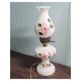 Hand-Painted Milk Glass Table Lamp with Pink Floral Design and Brass hardware  - tested, works. (matches the one in lot 302) - 19" H, 7" diameter