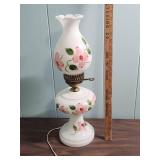 Hand-Painted Milk Glass Table Lamp with Pink Floral Design and Brass hardware  - tested, works. (matches the one in lot 302) - 19" H, 7" diameter