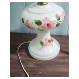 Hand-Painted Milk Glass Table Lamp with Pink Floral Design and Brass hardware  - tested, works. (matches the one in lot 302) - 19" H, 7" diameter