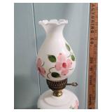 Hand-Painted Milk Glass Table Lamp with Pink Floral Design and Brass hardware  - tested, works. (matches the one in lot 302) - 19" H, 7" diameter