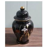 Vintage Otagiri Black Porcelain Ginger Jar with Lid - hand-painted iris and floral pattern - from Japan - very good condition