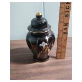 Vintage Otagiri Black Porcelain Ginger Jar with Lid - hand-painted iris and floral pattern - from Japan - very good condition