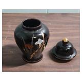 Vintage Otagiri Black Porcelain Ginger Jar with Lid - hand-painted iris and floral pattern - from Japan - very good condition