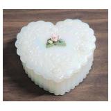 Fenton Heart-Shaped Opalescent Glass Box with porcelain rose motif on lid