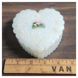Fenton Heart-Shaped Opalescent Glass Box with porcelain rose motif on lid
