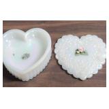 Fenton Heart-Shaped Opalescent Glass Box with porcelain rose motif on lid