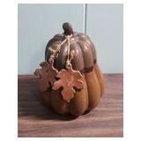 Decorative Rustic Brown Pottery Pumpkin with Clay Pottery Leaf Accents