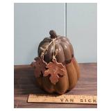 Decorative Rustic Brown Pottery Pumpkin with Clay Pottery Leaf Accents