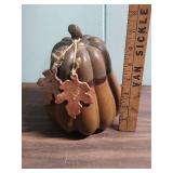 Decorative Rustic Brown Pottery Pumpkin with Clay Pottery Leaf Accents