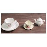 Coronation China Teacup and Saucer from Japan and a miniature teacup/saucer (one piece) and miniature teapot figurines
