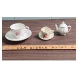 Coronation China Teacup and Saucer from Japan and a miniature teacup/saucer (one piece) and miniature teapot figurines