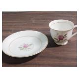 Coronation China Teacup and Saucer from Japan and a miniature teacup/saucer (one piece) and miniature teapot figurines