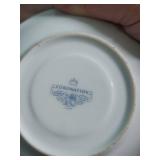 Coronation China Teacup and Saucer from Japan and a miniature teacup/saucer (one piece) and miniature teapot figurines